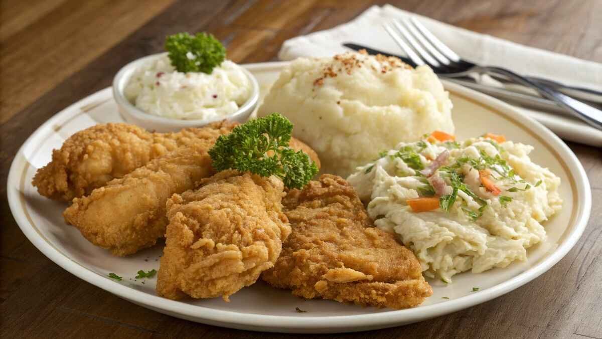 Crispy Golden Corral chicken with golden, crunchy skin and tender, juicy meat served with sides like mashed potatoes and coleslaw.