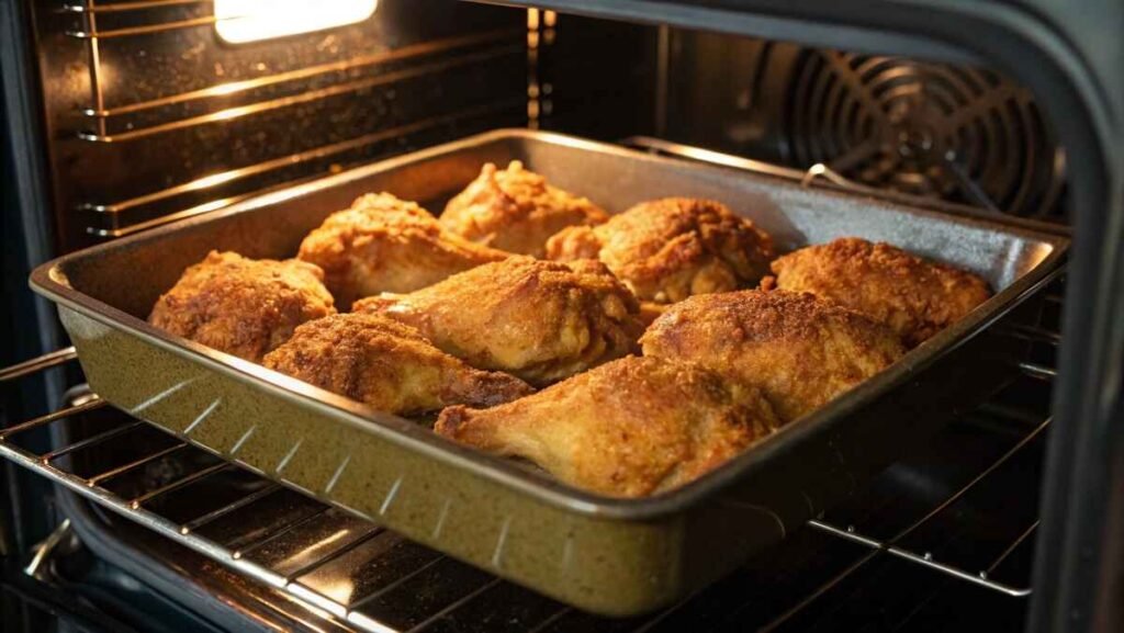 Golden Corral chicken baking in the oven, golden brown and crispy, with the perfect internal temperature of 165°F.