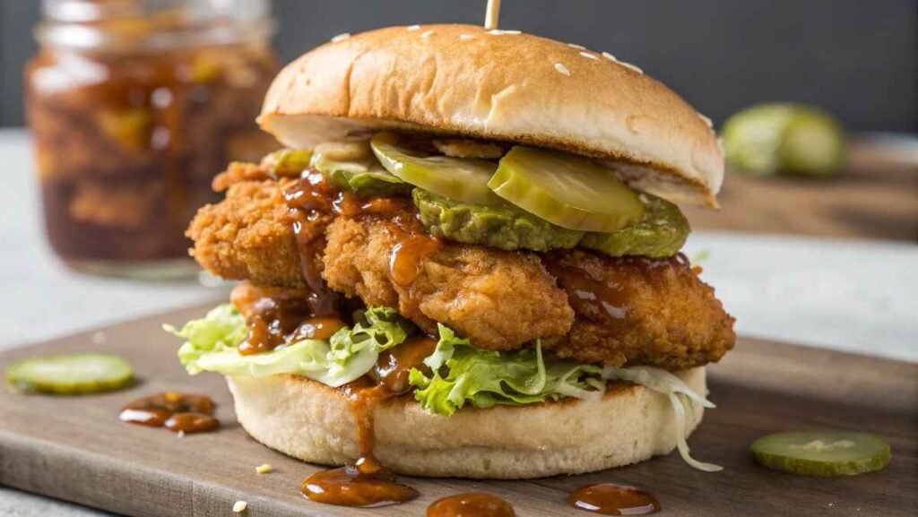 Assembling a Hot Honey Chicken Sandwich with layers of crispy chicken, hot honey sauce, lettuce, and pickles.