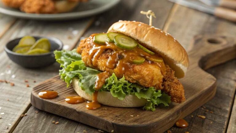 A hot honey chicken sandwich served on a fresh bun with crispy chicken, drizzled with sweet and spicy hot honey sauce.