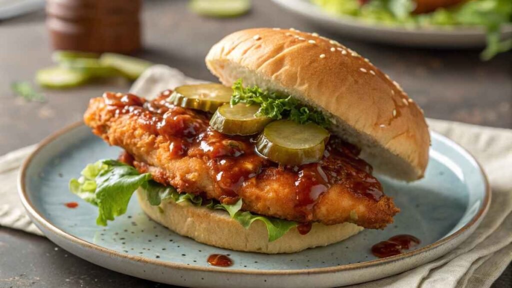 Hot Honey Chicken Sandwich ready to serve, showcasing its crispy layers and sweet spicy honey glaze.