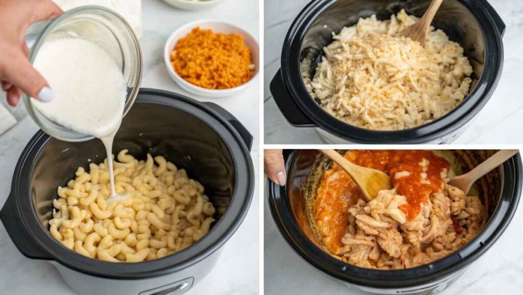 Step-by-step process of making buffalo chicken mac and cheese in a crockpot