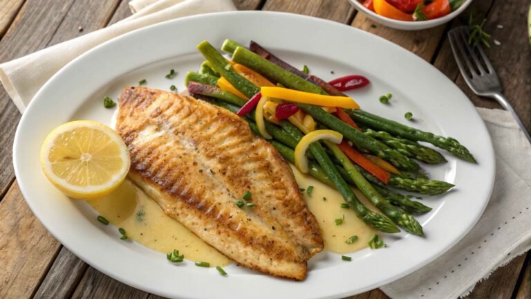 Plated pan-seared tilapia with golden crust served with colorful vegetables and lemon wedge on rustic wooden table