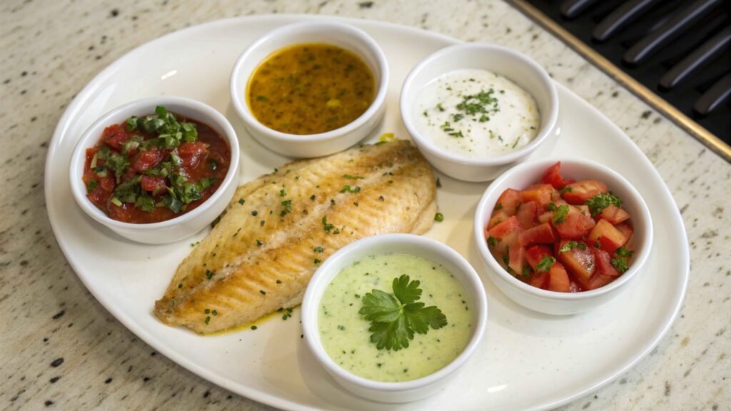 Four different sauce options for pan-seared tilapia: lemon-butter, garlic-herb, fresh salsa, and Greek yogurt sauce in small bowls