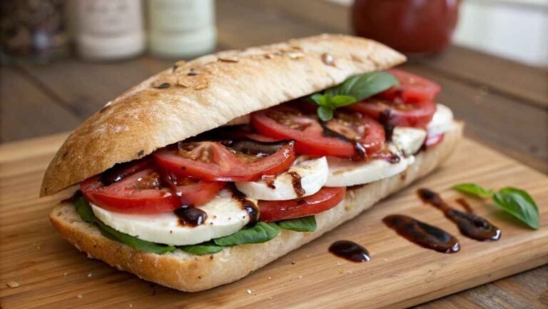 A close-up of a Panera-style Caprese sandwich with fresh mozzarella, tomatoes, and basil.