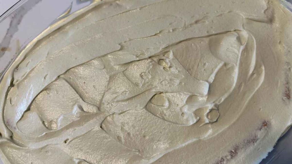 Mixing pistachio cream filling for Pistachio Tiramisu