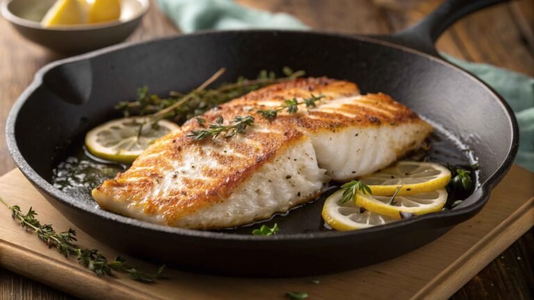 Golden-brown pan-seared tilapia fillet with crispy edges on cast iron skillet, garnished with lemon slices and fresh herbs