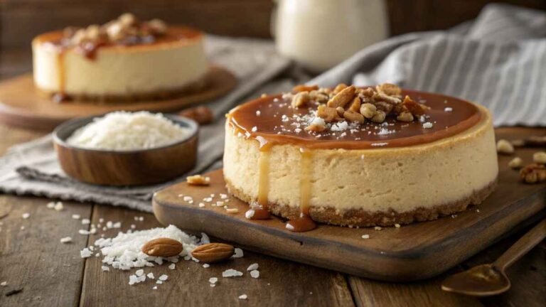 A creamy salted caramel cheesecake with golden crust and caramel drizzle.
