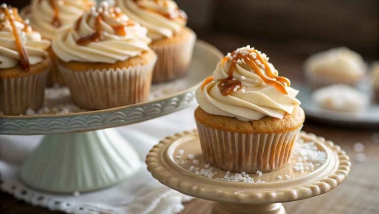 Homemade salted caramel cupcakes with buttercream frosting and caramel