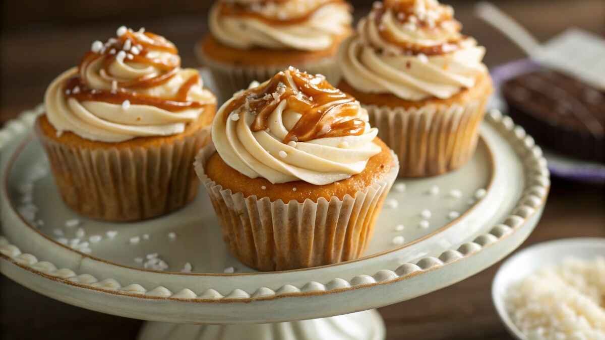 Homemade salted caramel cupcakes with buttercream frosting and caramel drizzle