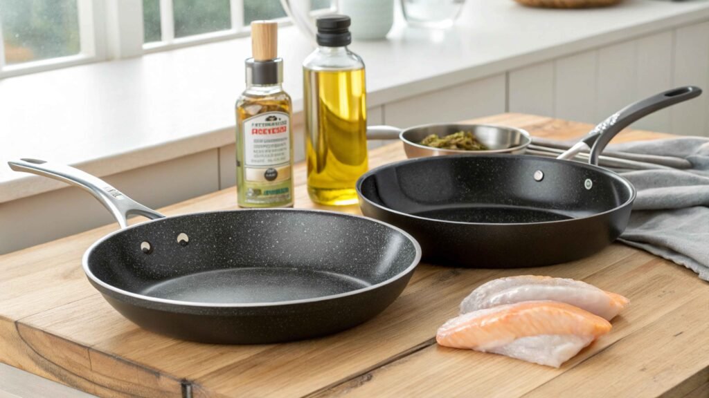 Comparison of three cooking pans for searing tilapia: cast iron skillet, stainless steel pan, and non-stick pan on wooden counter