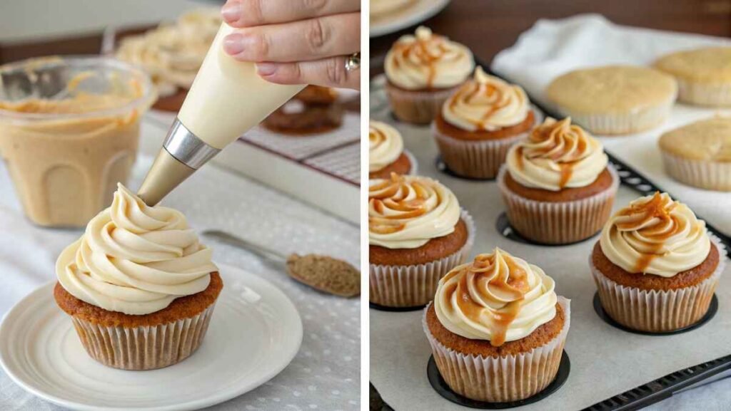 Step-by-step demonstration of frosting salted caramel cupcakes using piping techniques
