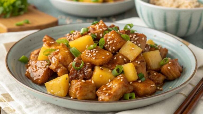 A close-up of teriyaki chicken and pineapple garnished with sesame seeds and green onions