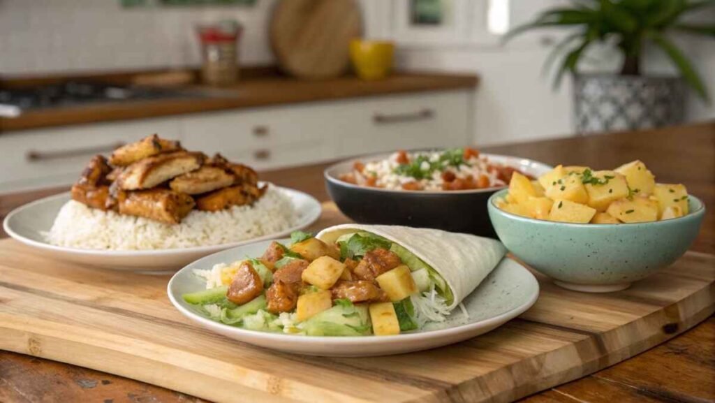 Teriyaki chicken and pineapple served with rice, salad, and tortillas.