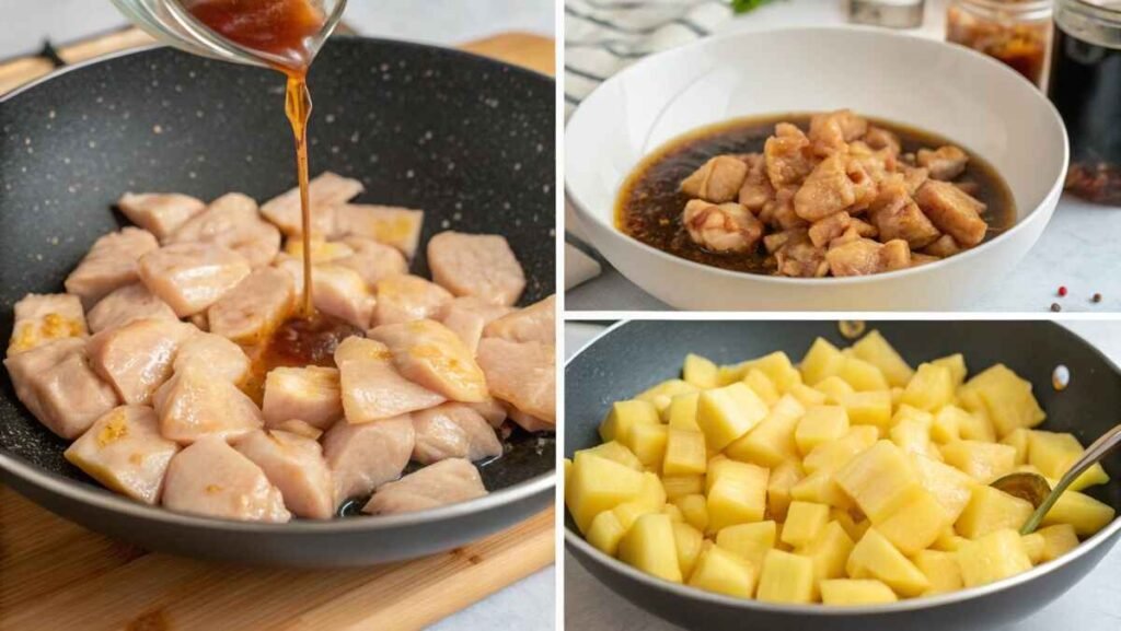Step-by-step process of cooking teriyaki chicken and pineapple in a pan.