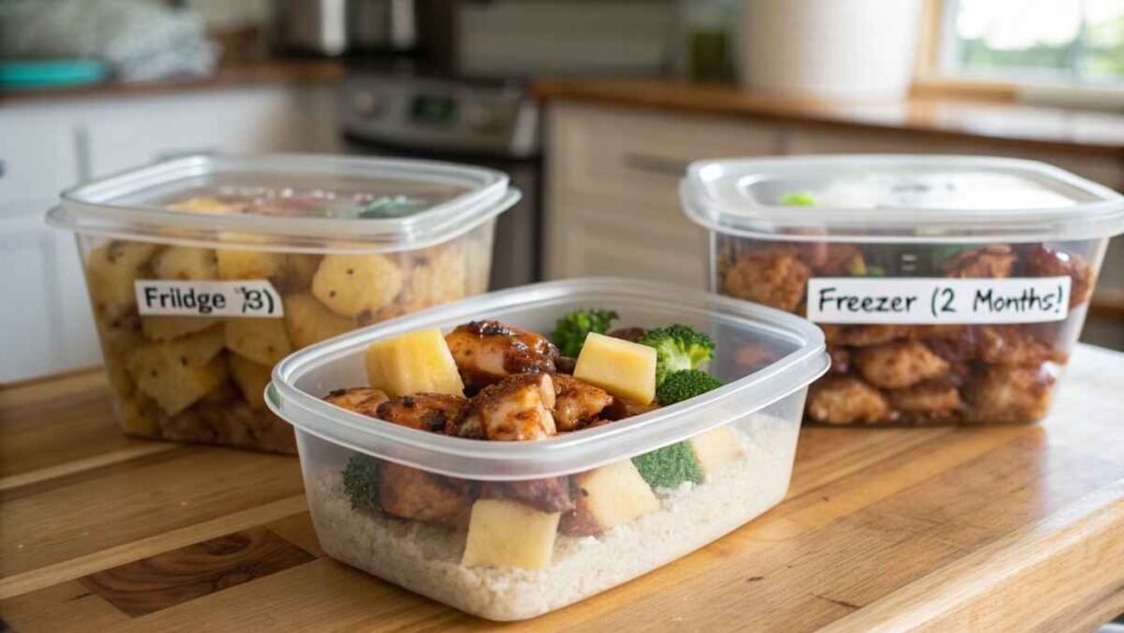 Teriyaki chicken and pineapple stored in airtight containers for refrigeration and freezing.