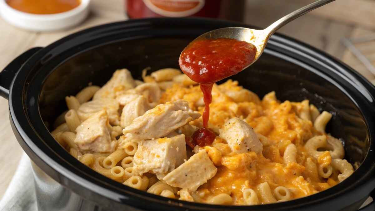 Creamy buffalo chicken mac and cheese in a slow cooker with steam rising and buffalo sauce drizzled on top