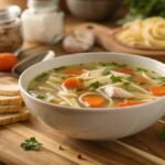 Close-up of chicken soup in a rustic kitchen with fresh herbs