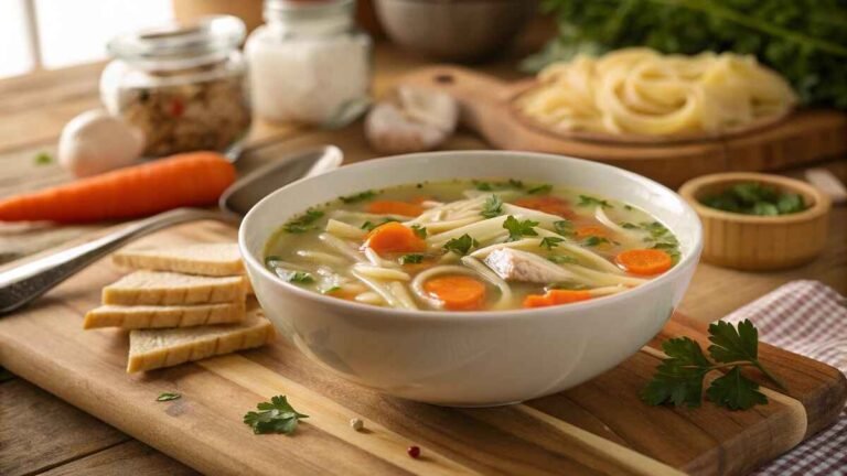 Close-up of chicken soup in a rustic kitchen with fresh herbs
