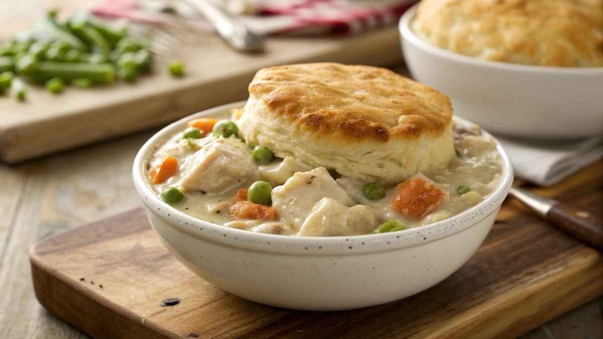 Creamy Crock Pot Chicken Pot Pie with biscuit topping