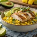 street corn chicken rice bowl with avocado and lime