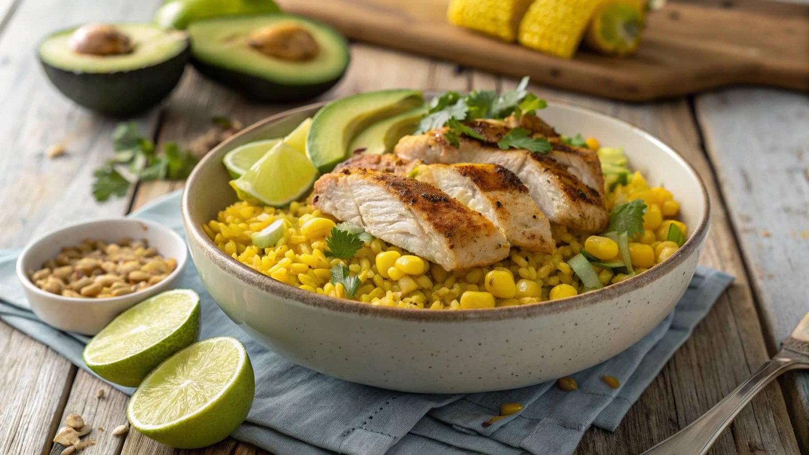 street corn chicken rice bowl with avocado and lime