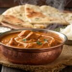 Butter chicken served with naan and rice