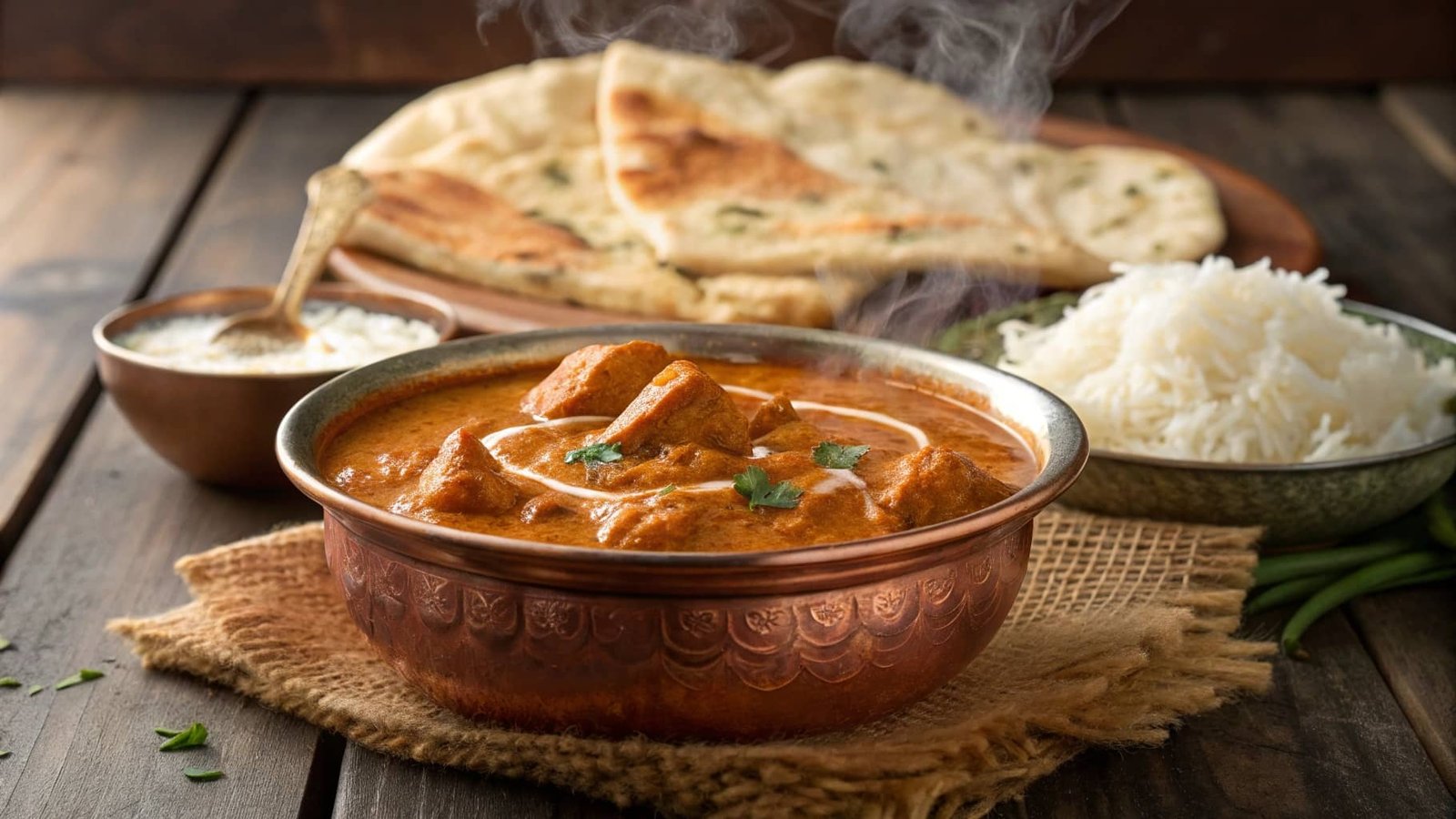 Butter chicken served with naan and rice