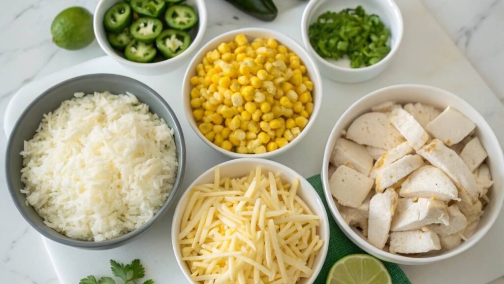 street corn rice bowl ingredients flat lay