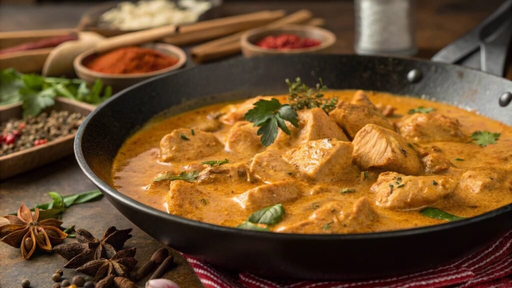 Butter chicken cooking in pan with spices