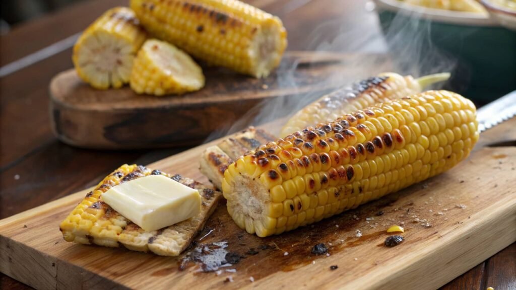 grilled corn being sliced for rice bowl