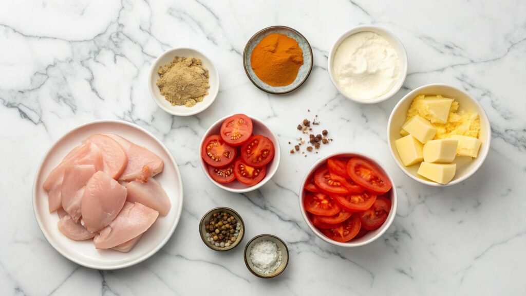Butter chicken raw ingredients arranged flat lay style