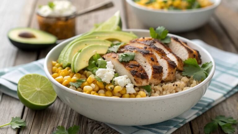 street corn chicken rice bowl with lime and avocado