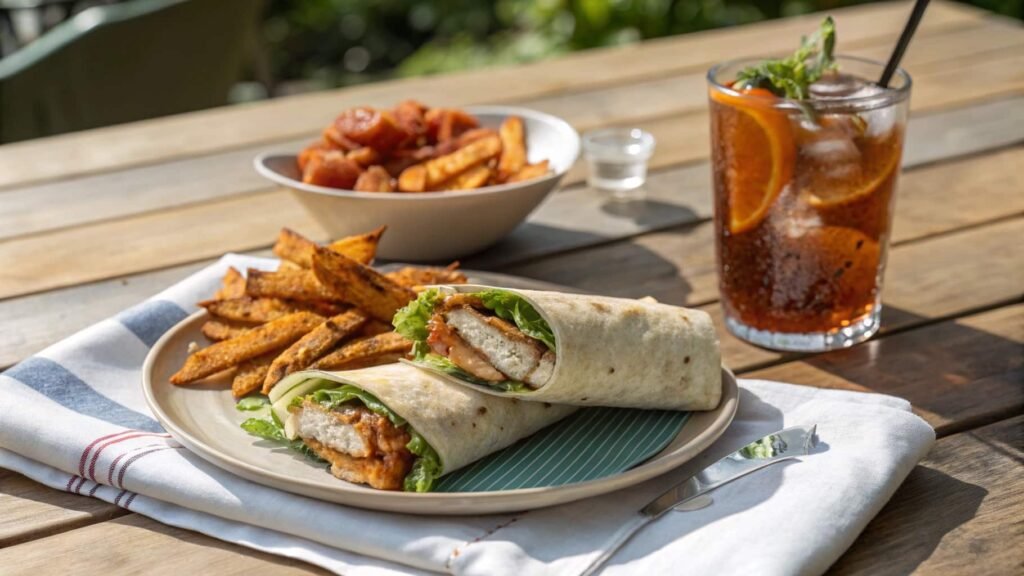 served crispy chicken ranch wrap with sides on picnic table