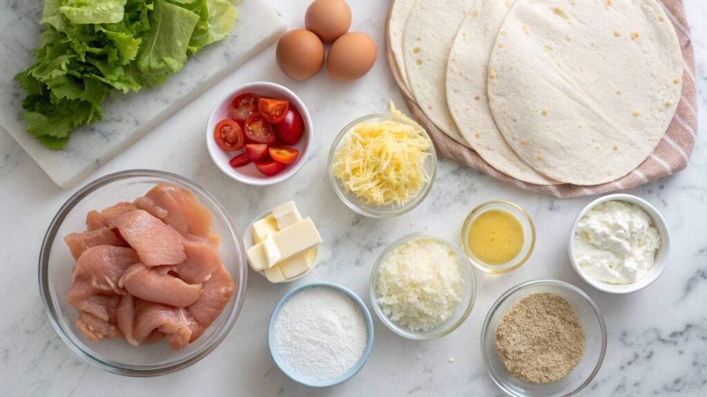 ingredients for crispy chicken ranch wrap on kitchen counter