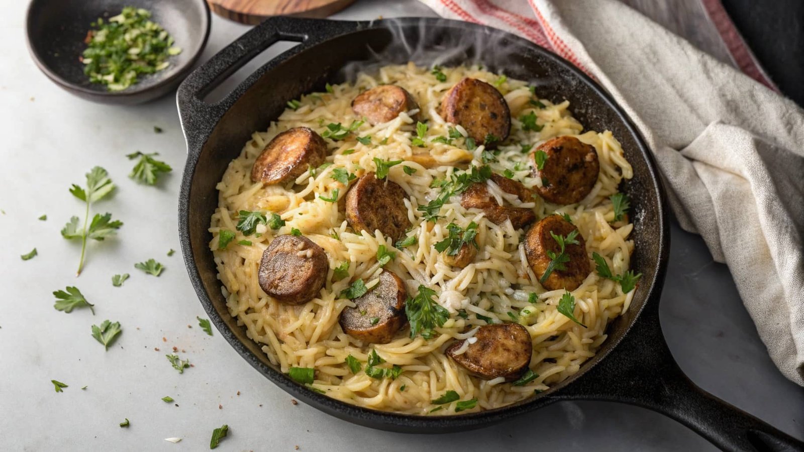 Creamy Chicken Sausage Orzo in Skillet