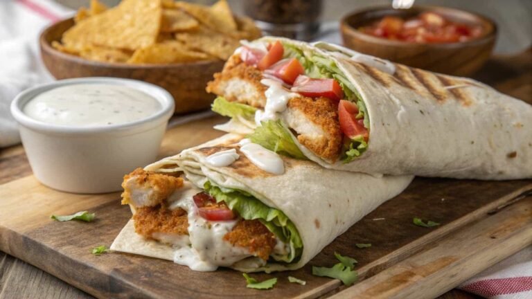 crispy chicken ranch wrap cut in half on a wooden board