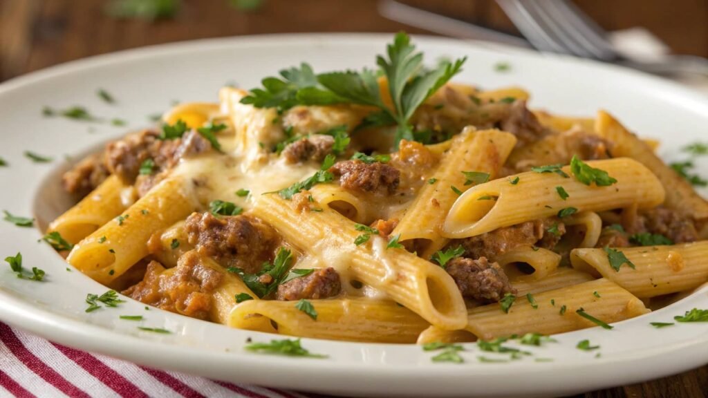 cheesy penne with garlic butter ground beef