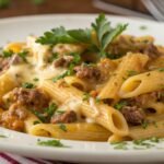 cheesy penne with garlic butter ground beef