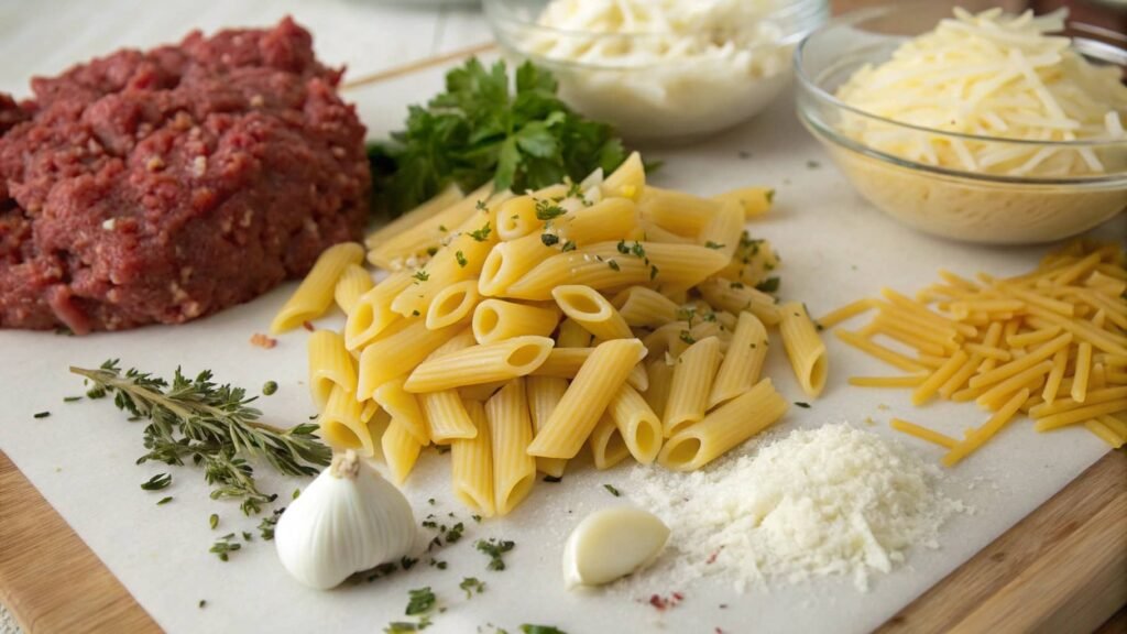 ingredients for cheesy penne with garlic butter ground beef