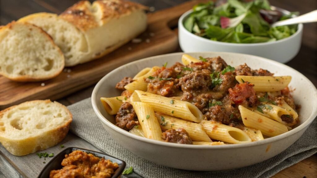 cheesy garlic butter penne dinner setup