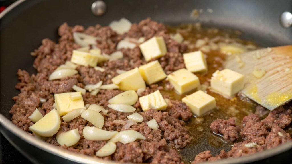cooking garlic butter and ground beef.