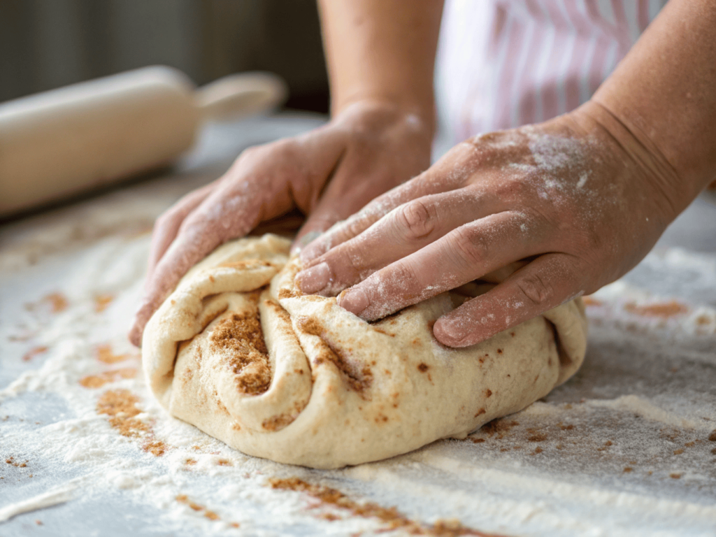 Kneading cinnamon roll dough by hand.