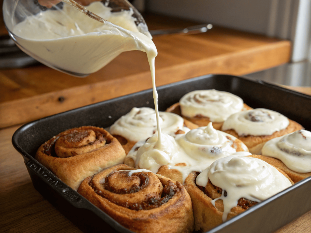 Frosting homemade cinnamon rolls with cream cheese icing.